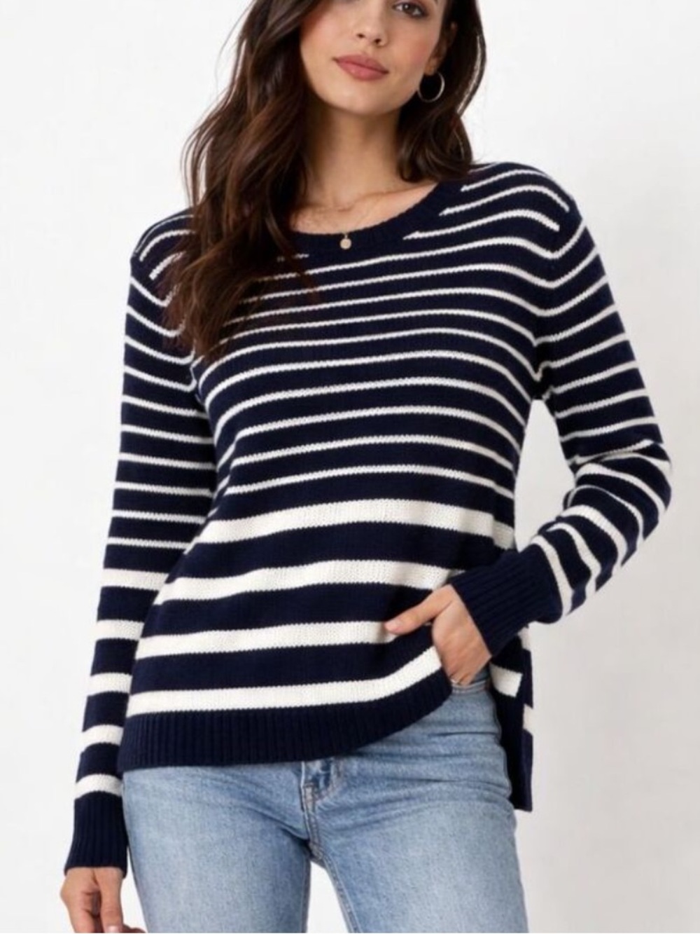 Athleta Kennewick Merino Wool Blend Striped Knit Tunic Sweater Navy White XL